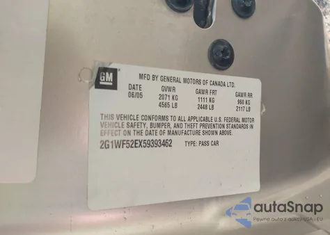 2005 Chevrolet Impala from USA, damaged, VIN 2G1WF52EX59393462